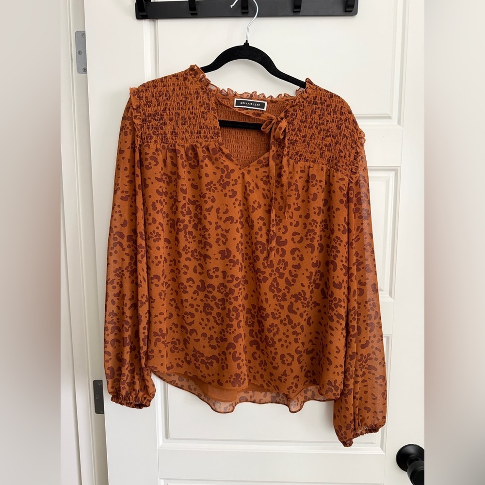Smocked Neck Rust Animal-Print Blouse